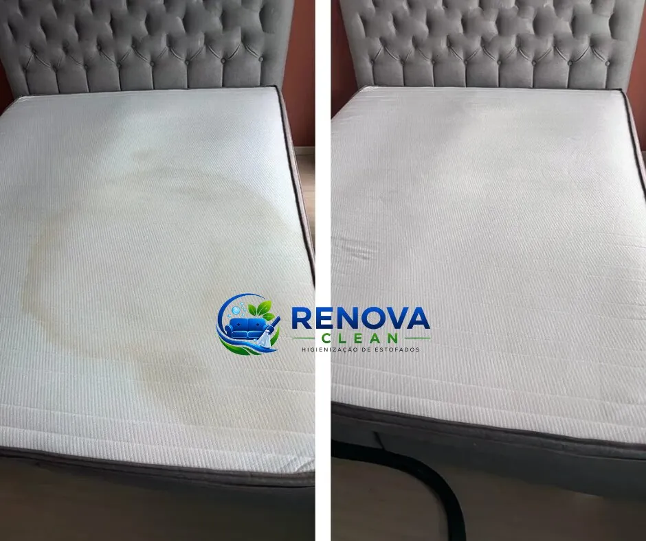 Colchão antes e depois da higienização: mancha extensa totalmente removida
