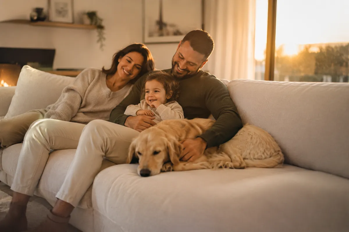 Família com criança e cão num sofá limpo e confortável