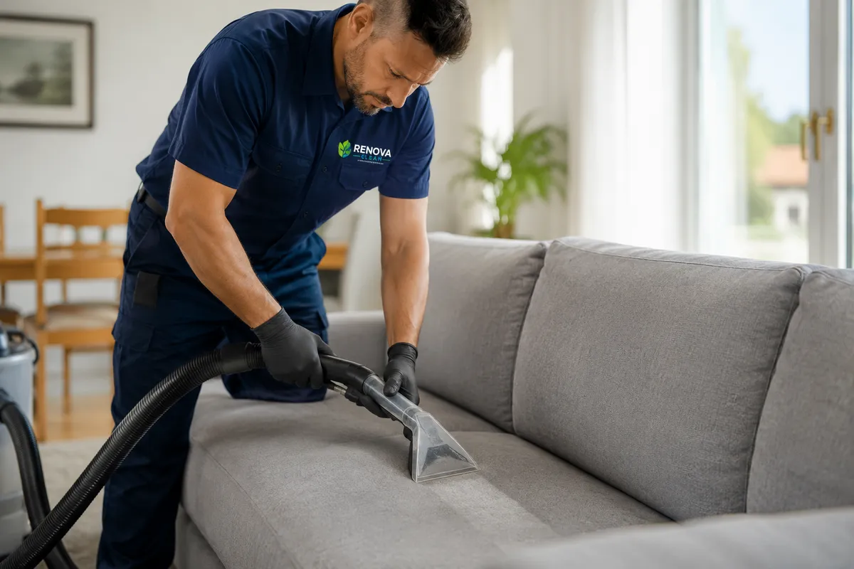 Técnico da Renova Clean a higienizar um sofá com máquina de extração
